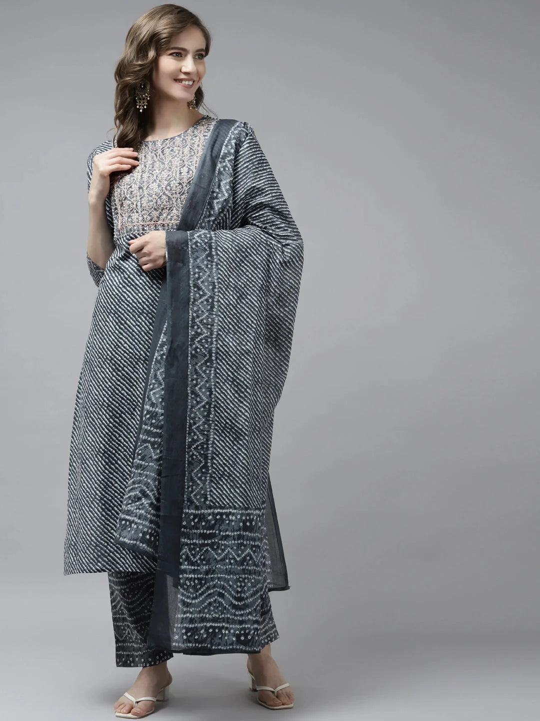 Grey Printed Dupatta Set-Yufta Store-9817SKDGYS