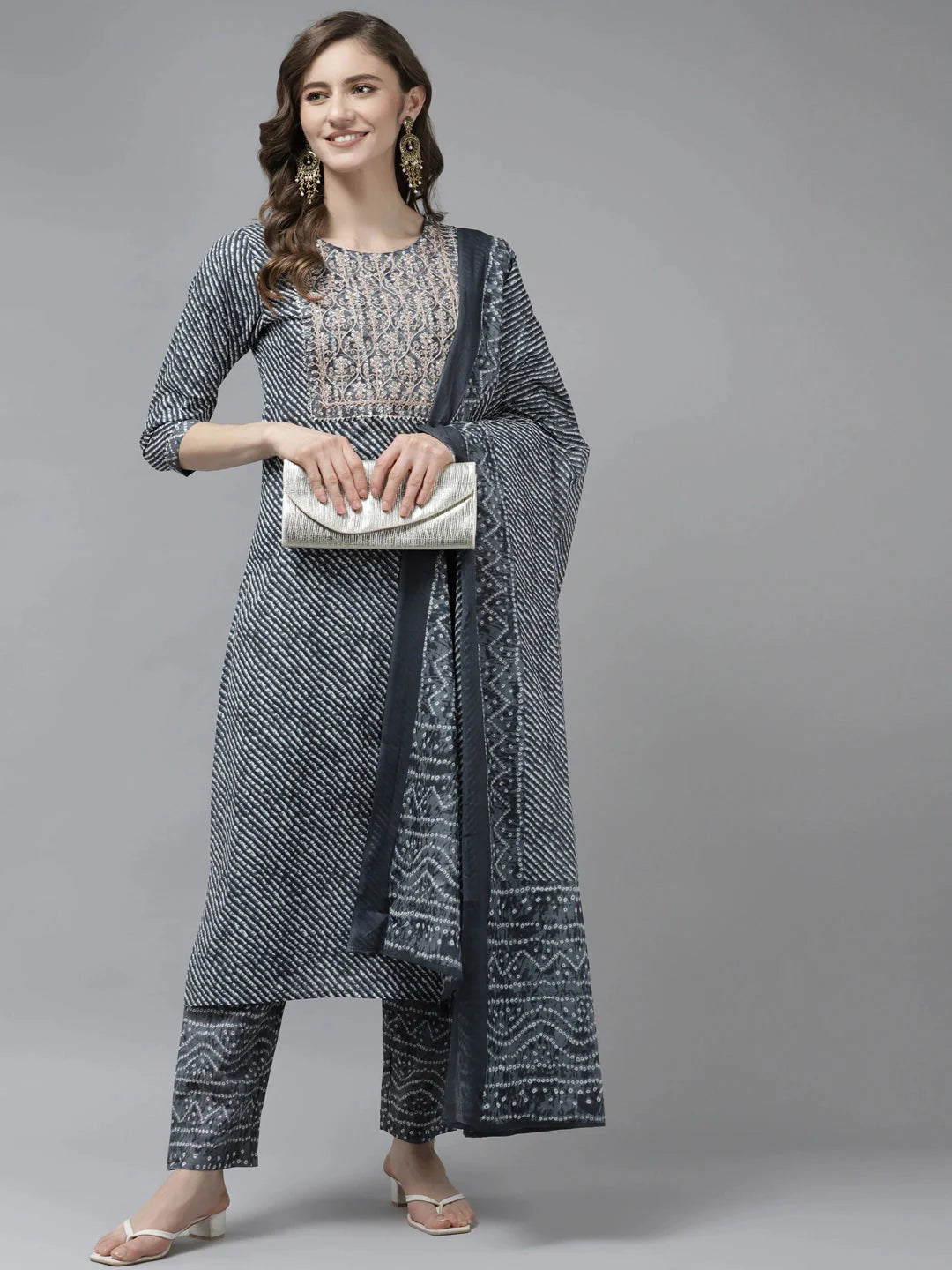 Grey Printed Dupatta Set-Yufta Store-9817SKDGYS