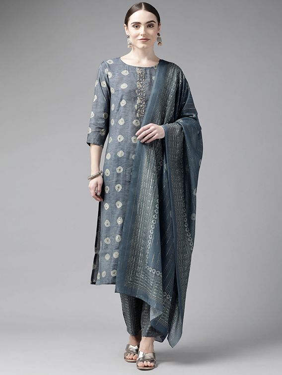 Grey Printed Dupatta Set-Yufta Store-9975SKDGYS