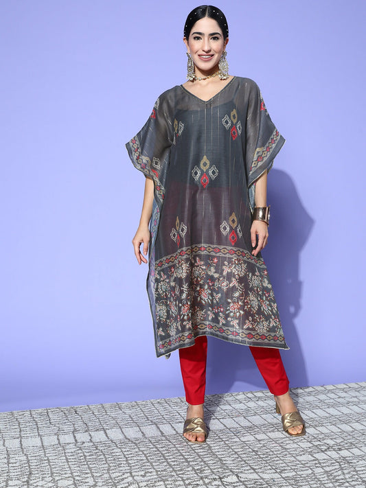 Grey Printed Kaftan Kurta-Yufta Store-1249KFTGYS