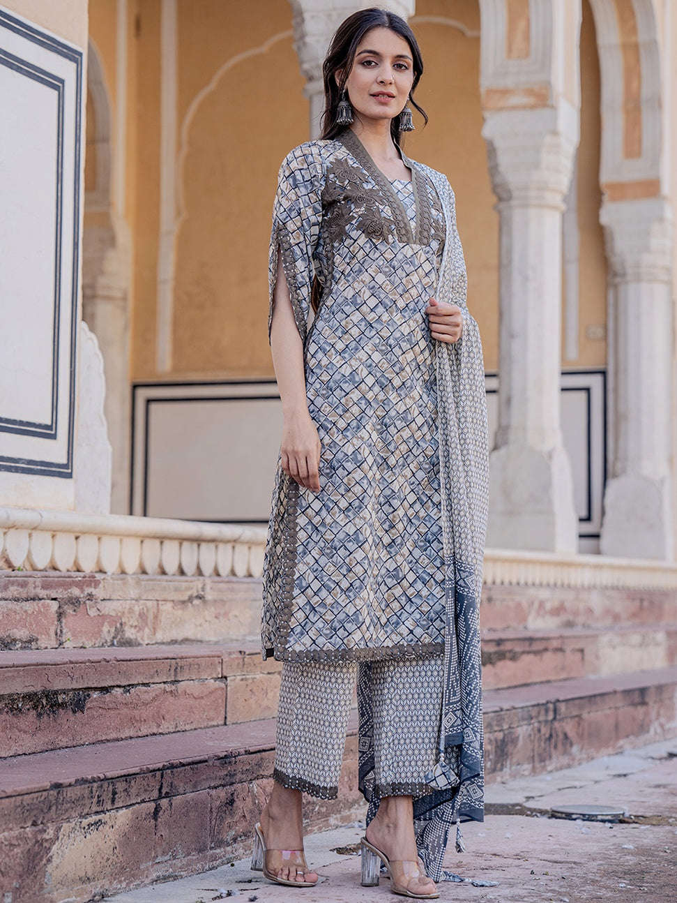 Grey Printed Kurta Dupatta Set