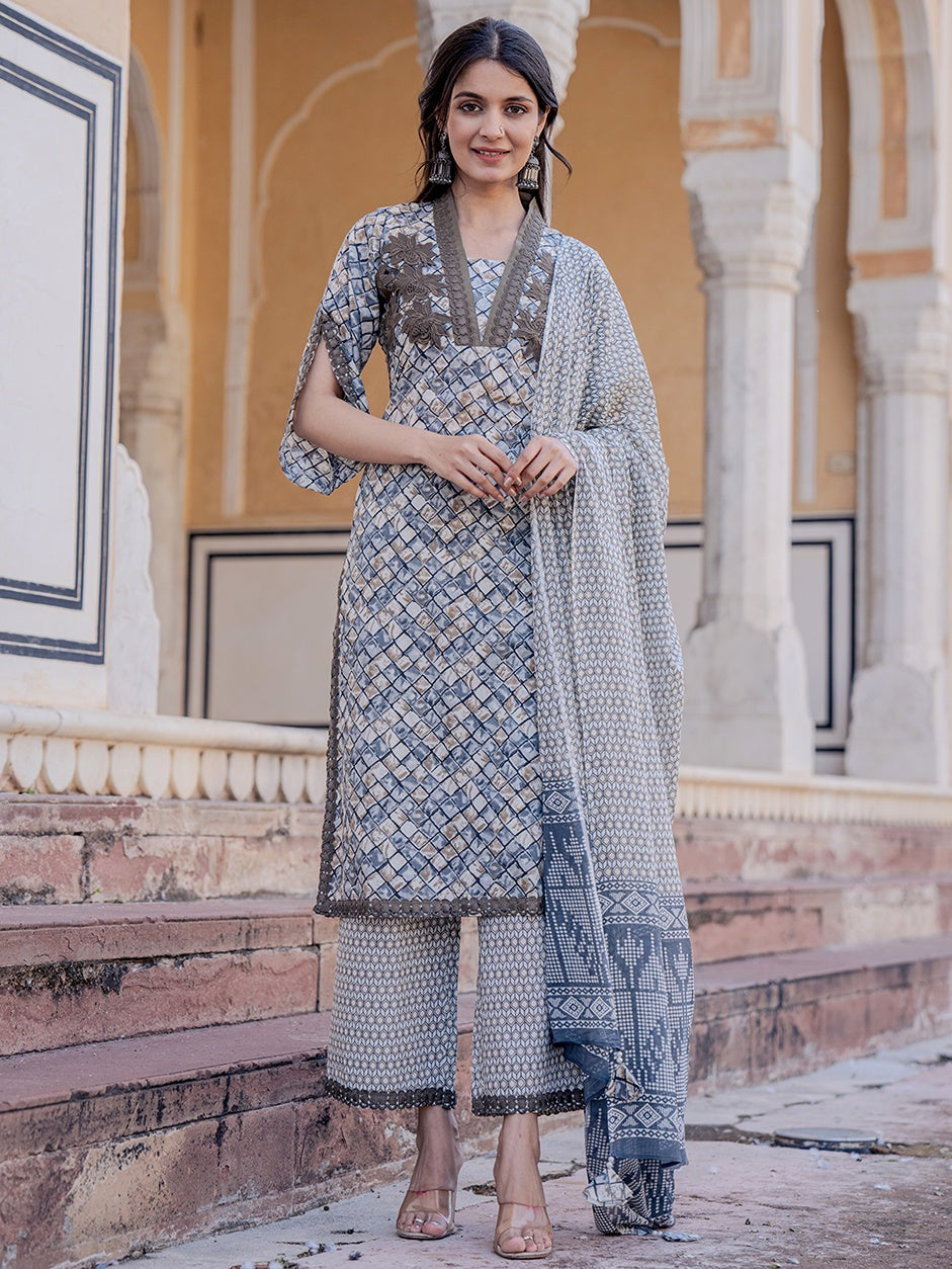 Grey Printed Kurta Dupatta Set