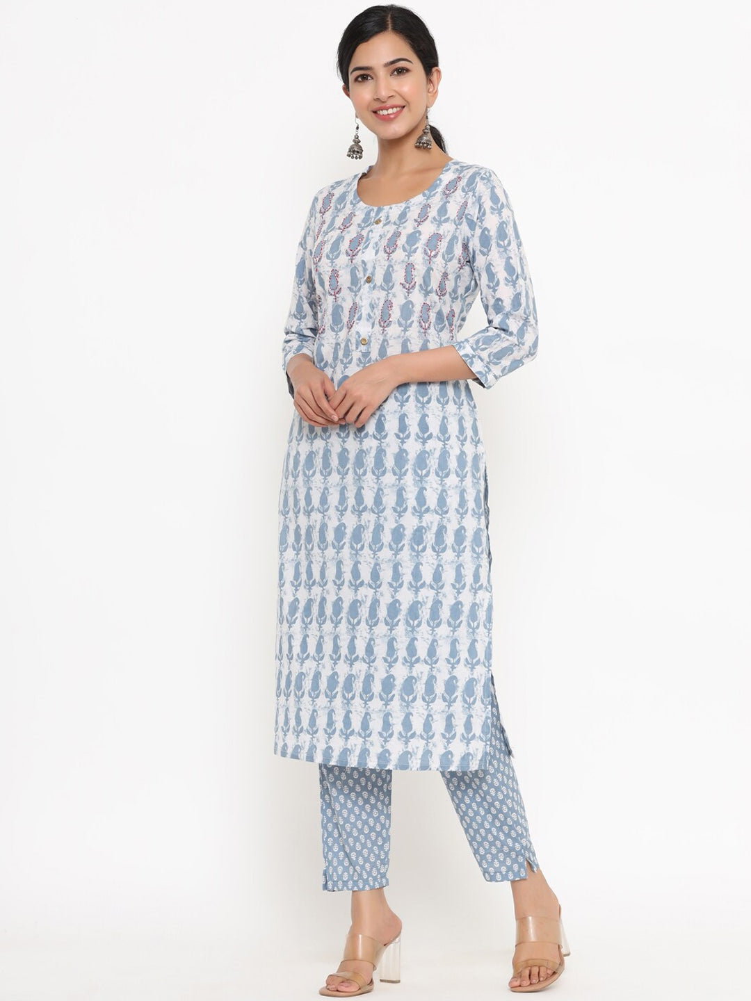 Grey Printed Kurta Set-Yufta Store-4766SETGYM