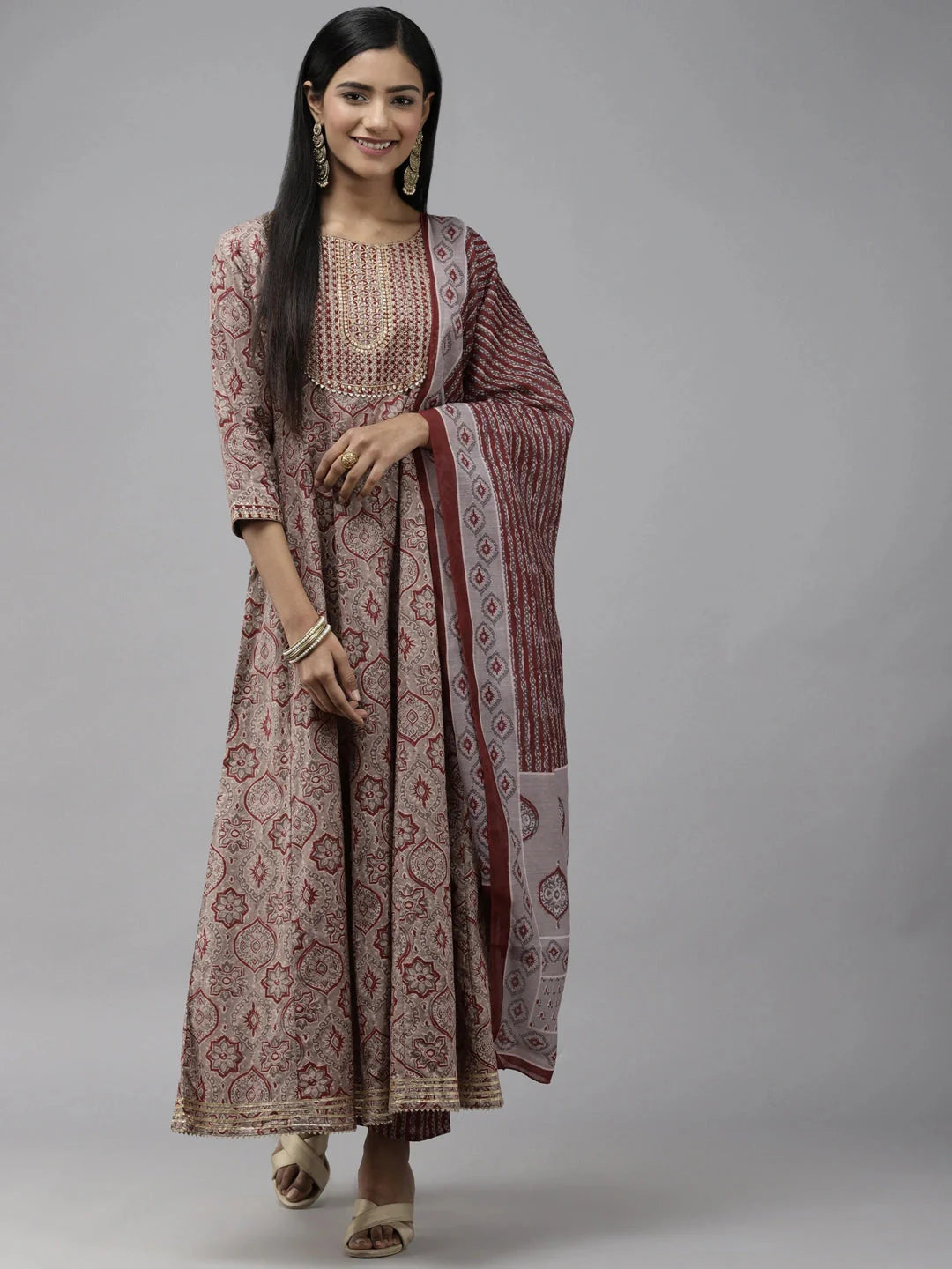 Grey Printed Yoke Design Dupatta Set