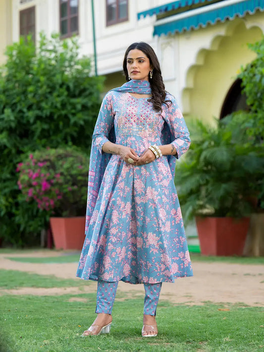 Grey Zari_Work Anarkali Kurta Pant Dupatta Set-Yufta Store-6931SKDGYS