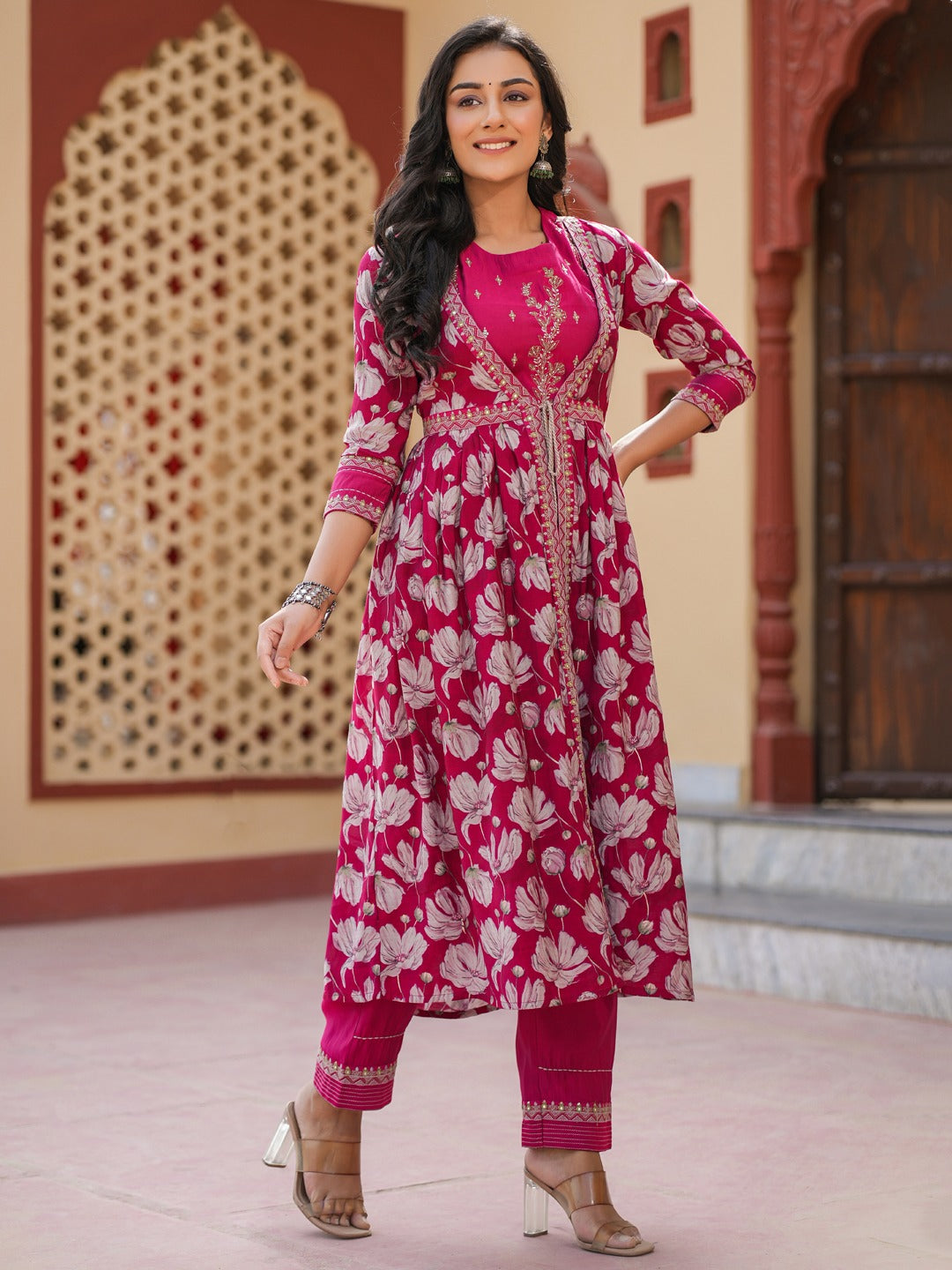 Hot Pink Embroidered shrug Crop top co ord set-Yufta Store-1685CRDHPS