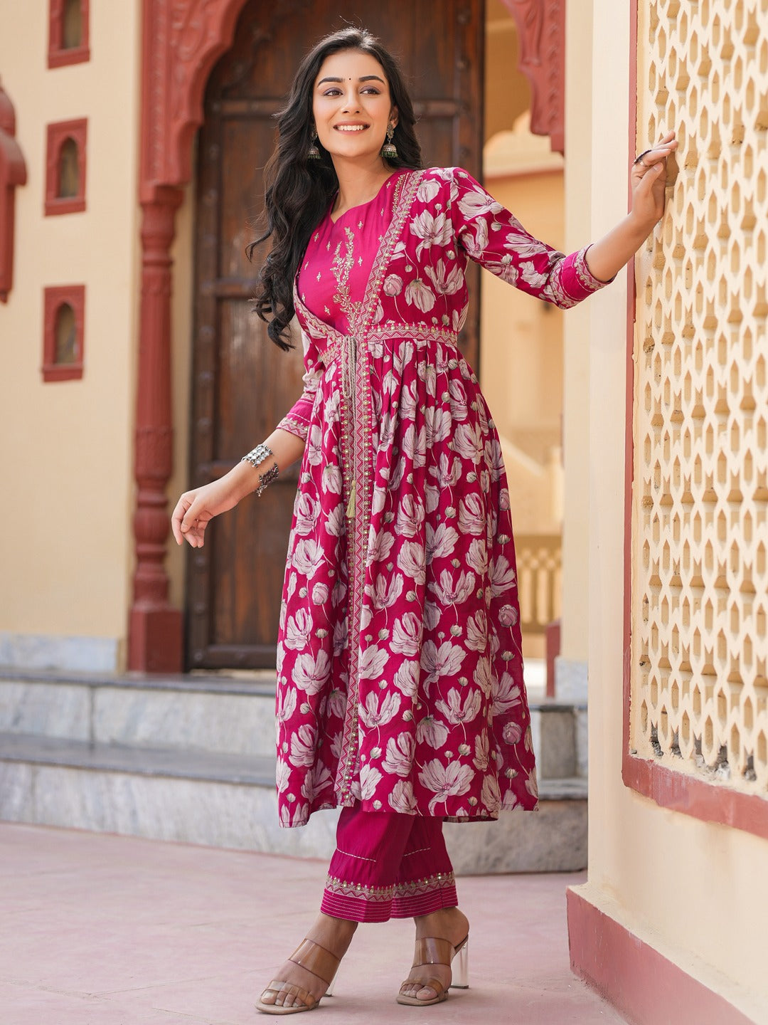 Hot Pink Embroidered shrug Crop top co ord set-Yufta Store-1685CRDHPS