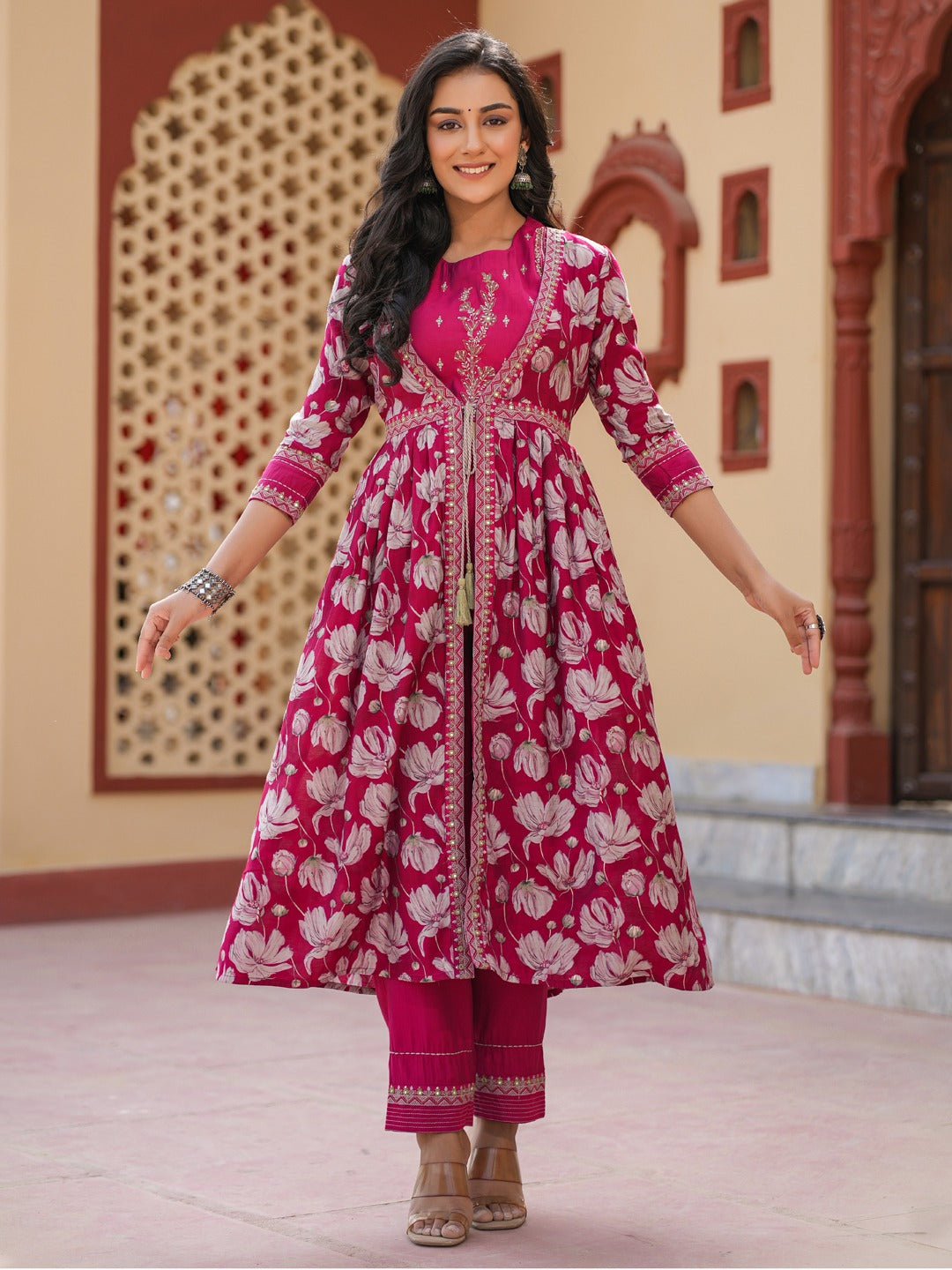 Hot Pink Embroidered shrug Crop top co ord set-Yufta Store-1685CRDHPS