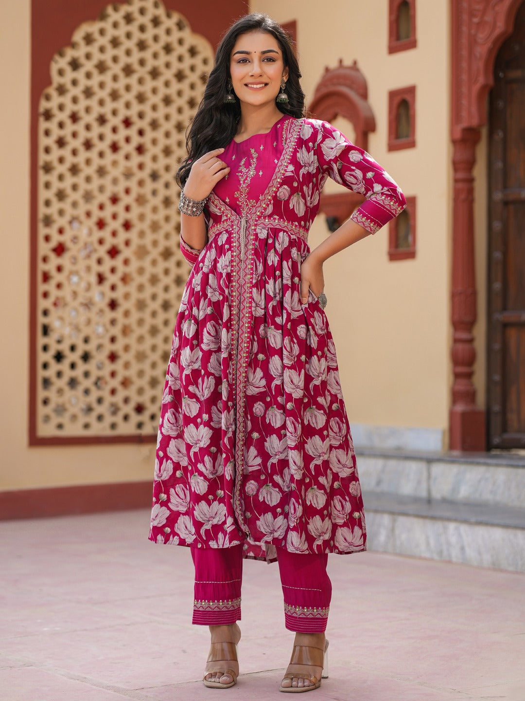 Hot Pink Embroidered shrug Crop top co ord set-Yufta Store-1685CRDHPS