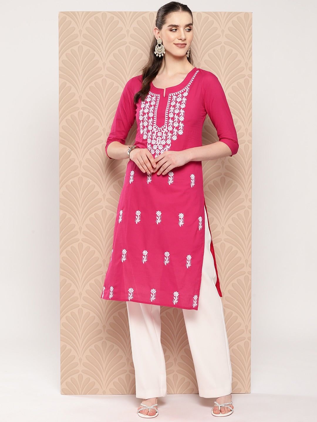 Hot Pink Floral Embroidered Pure Cotton Kurta-Yufta Store-1497KURHPS