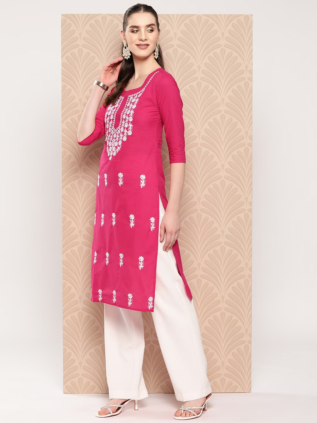 Hot Pink Floral Embroidered Pure Cotton Kurta-Yufta Store-1497KURHPS