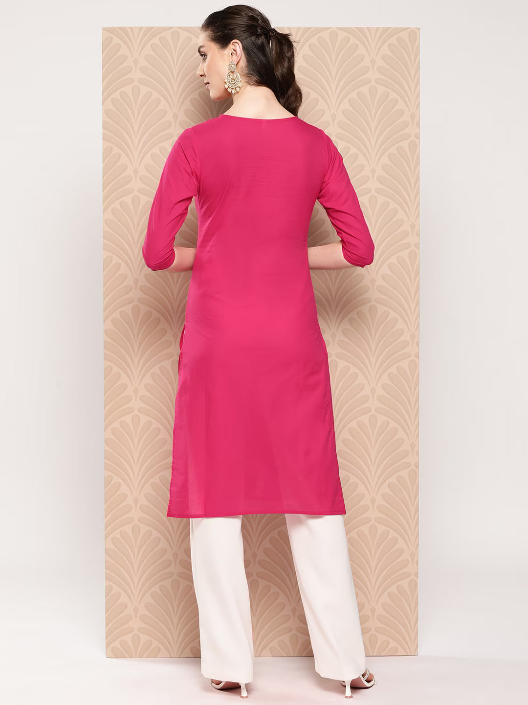 Hot Pink Floral Embroidered Pure Cotton Kurta-Yufta Store-1497KURHPS