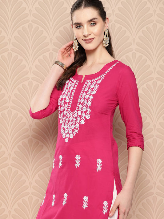 Hot Pink Floral Embroidered Pure Cotton Kurta-Yufta Store-1497KURHPS