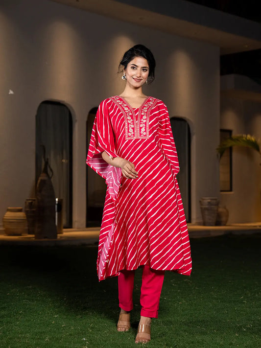 Hot Pink Leheriya Embroidered Kaftan Kurta Set-Yufta Store-6899SETHPS