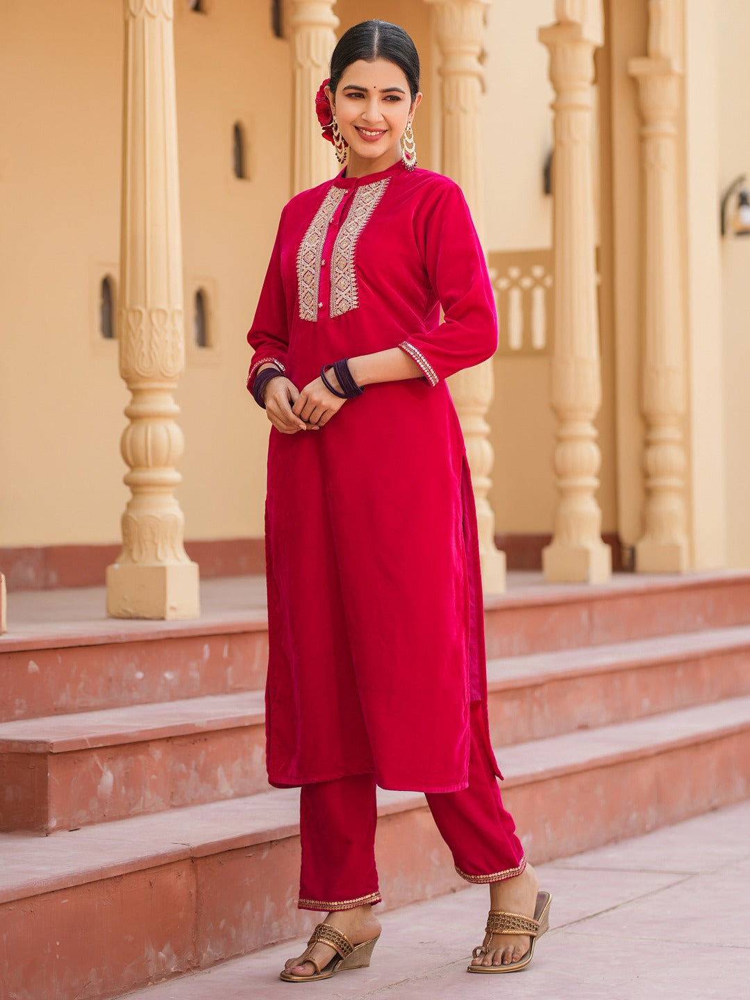 Hot pink Zari_Work Velvet Straight Kurta Trouser Set-Yufta Store-1402SETHPS