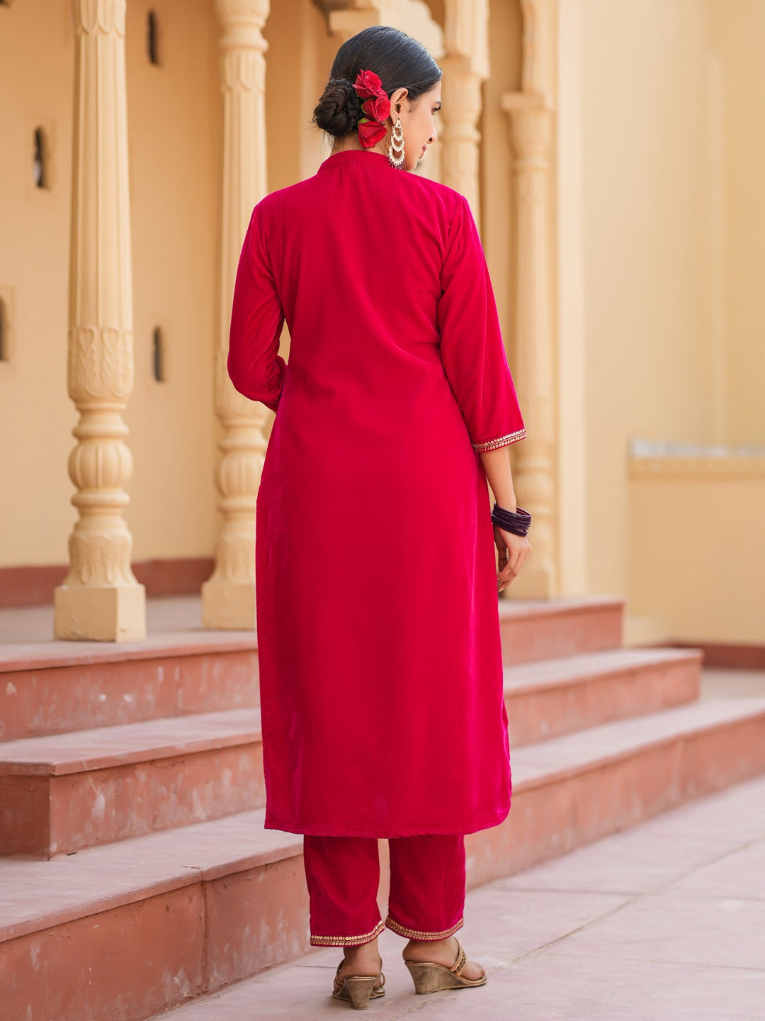 Hot pink Zari_Work Velvet Straight Kurta Trouser Set-Yufta Store-1402SETHPS