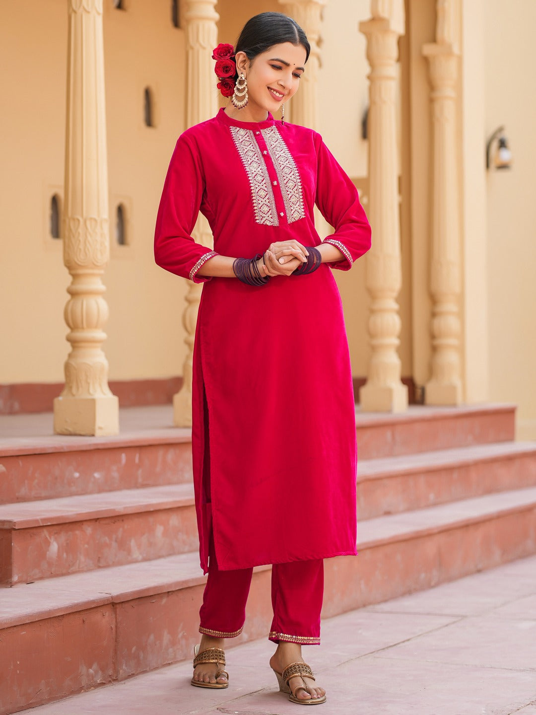 Hot pink Zari_Work Velvet Straight Kurta Trouser Set-Yufta Store-1402SETHPS