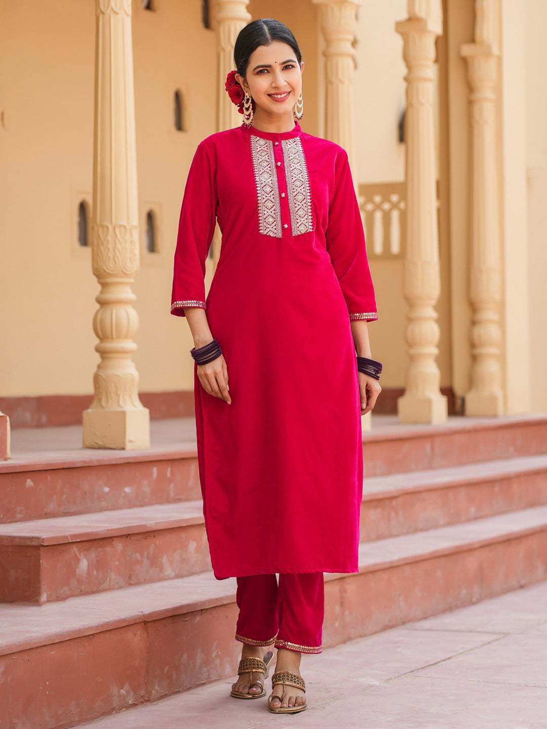 Hot pink Zari_Work Velvet Straight Kurta Trouser Set-Yufta Store-1402SETHPS