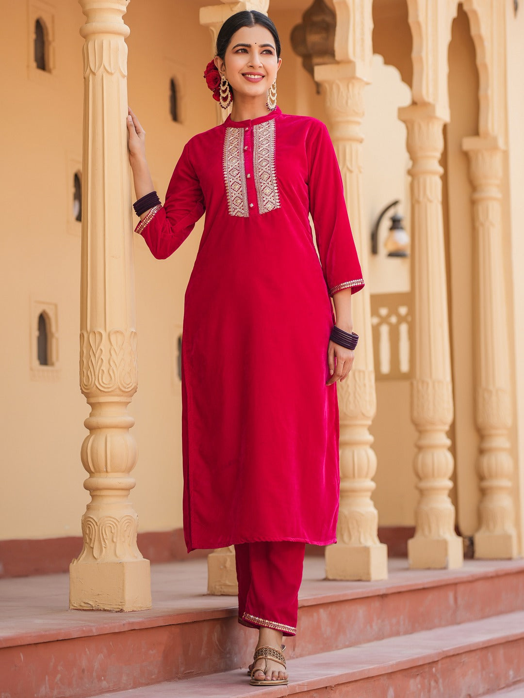 Hot pink Zari_Work Velvet Straight Kurta Trouser Set-Yufta Store-1402SETHPS