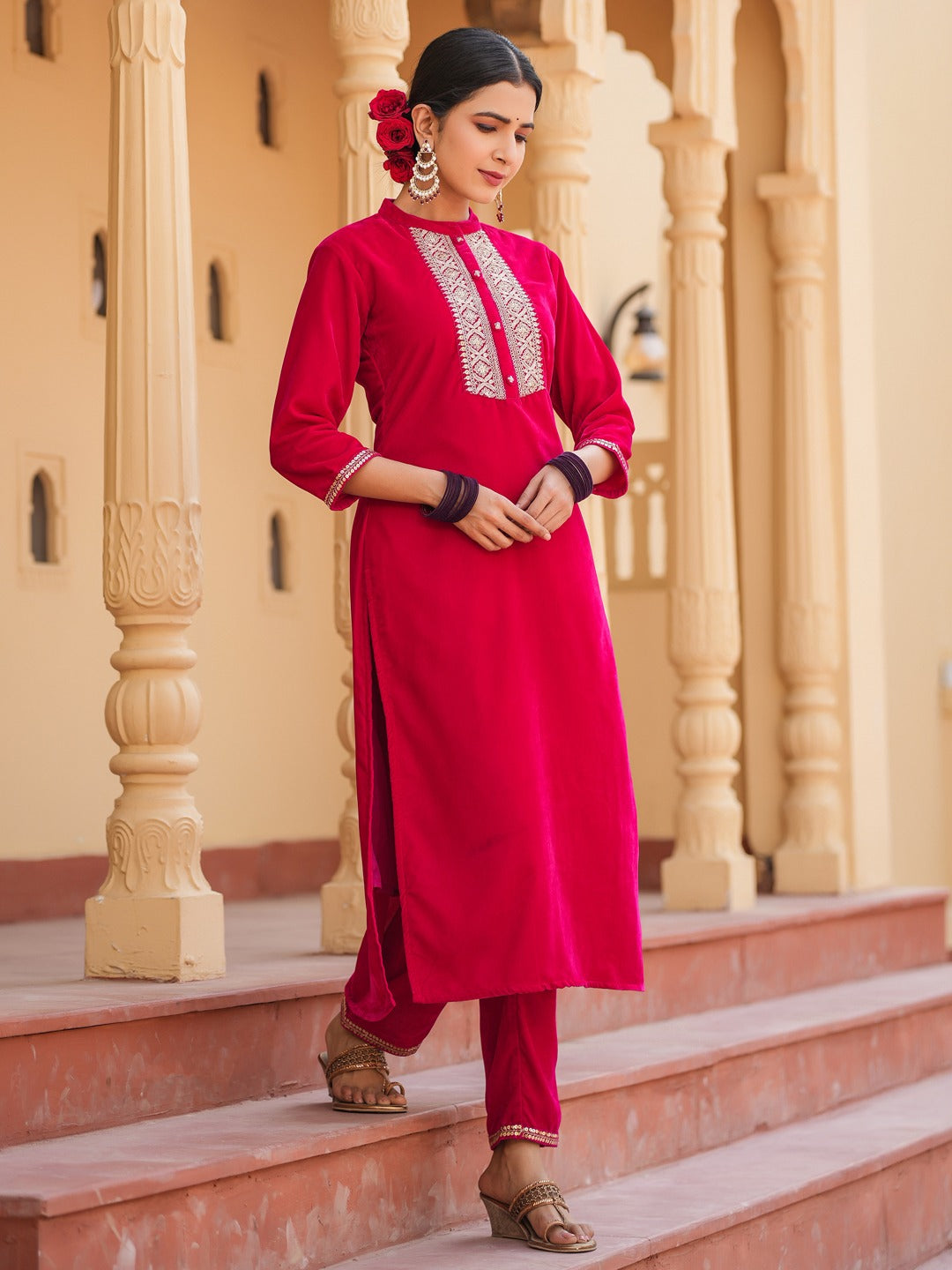 Hot pink Zari_Work Velvet Straight Kurta Trouser Set-Yufta Store-1402SETHPS