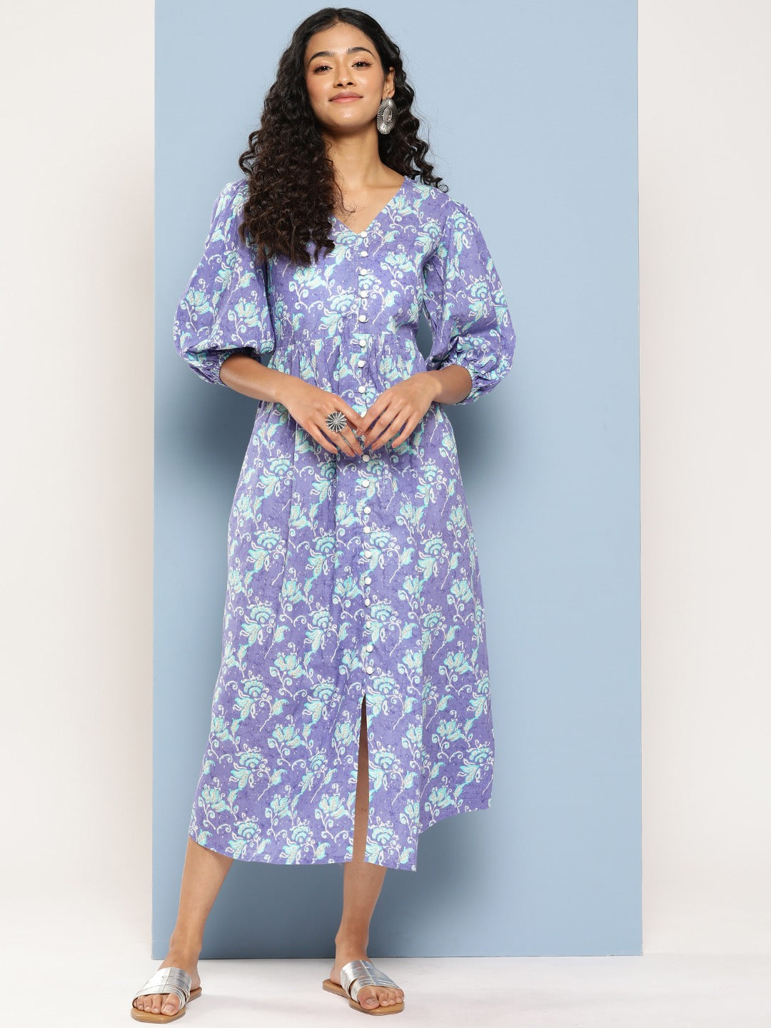 Lavender Floral Print Flared Sleeve Maxi Dress-Yufta Store-8515DRSLVS