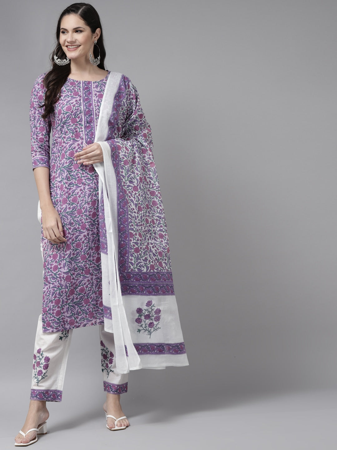 Lavender & White Printed Dupatta Set-Yufta Store-8053SKDLVS