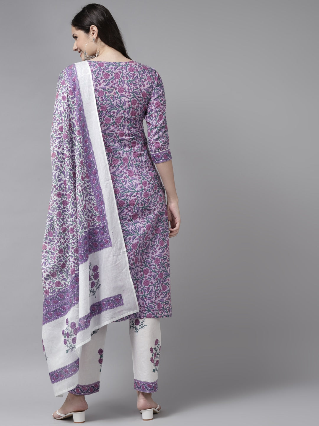 Lavender & White Printed Dupatta Set-Yufta Store-8053SKDLVS