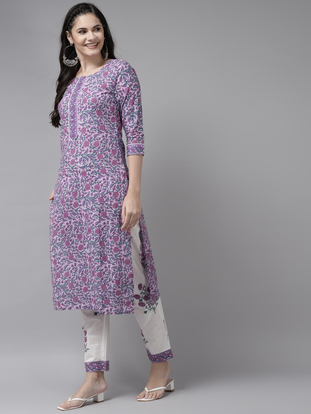 Lavender & White Printed Dupatta Set-Yufta Store-8053SKDLVS