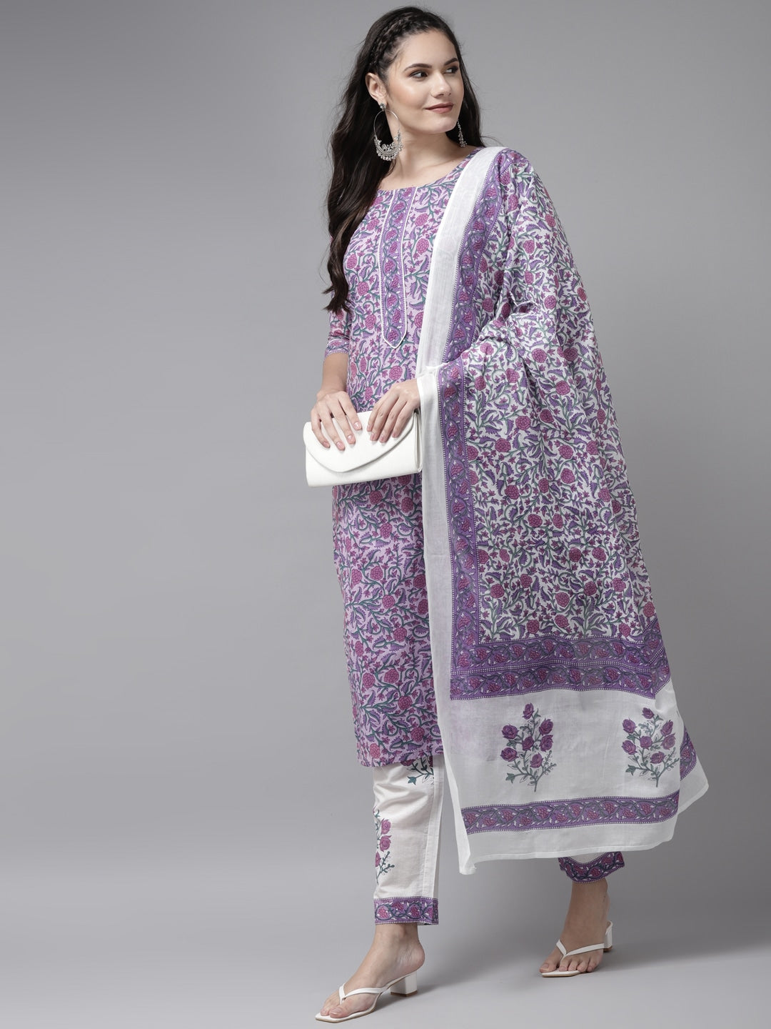 Lavender & White Printed Dupatta Set-Yufta Store-8053SKDLVS