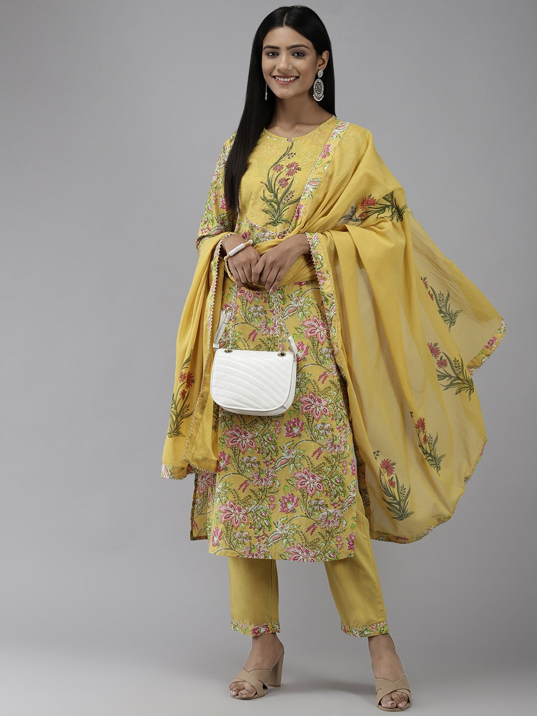 Lime Green Printed Dupatta Set-Yufta Store-7634SETYLS