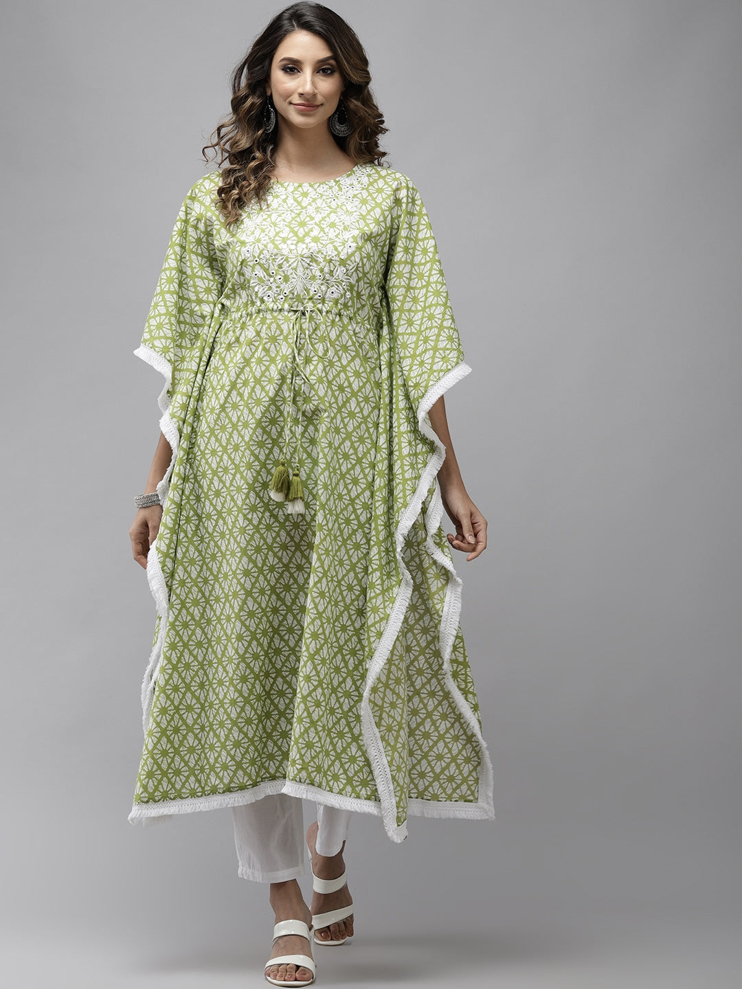 Lime Green Printed Kaftan Kurta