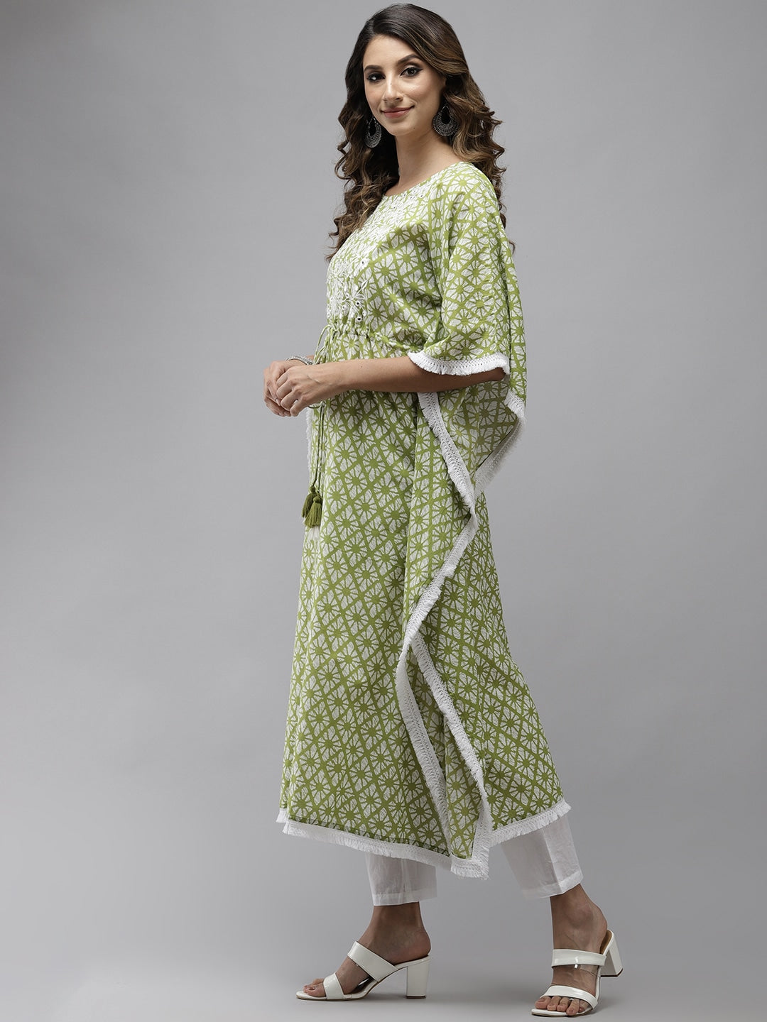 Lime Green Printed Kaftan Kurta