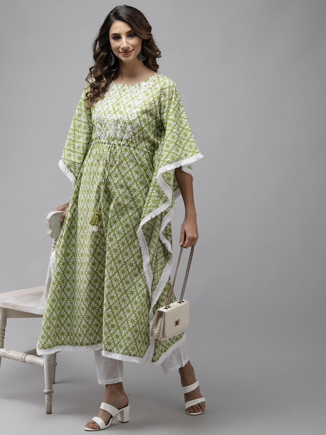 Lime Green Printed Kaftan Kurta