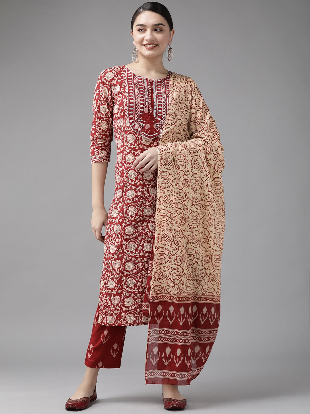 Maroon & Beige Printed Dupatta Set-Yufta Store-9465SKDMRS