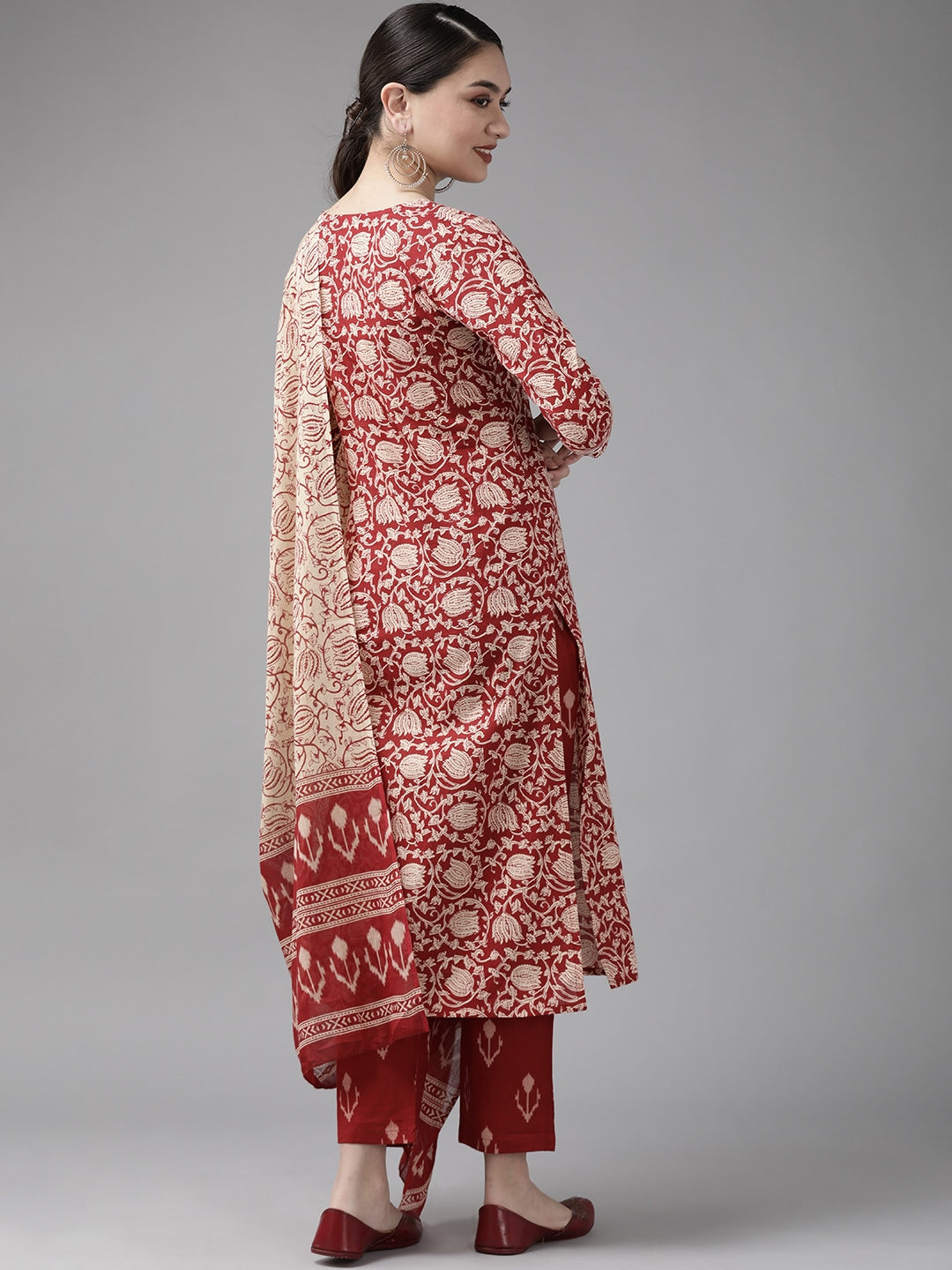 Maroon & Beige Printed Dupatta Set-Yufta Store-9465SKDMRS