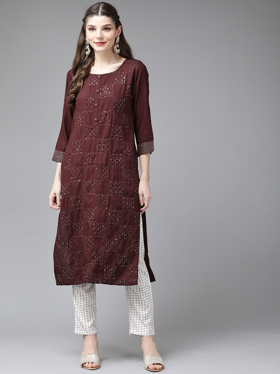 Maroon Embroidered Kurta Set-Yufta Store-2743SETMRM