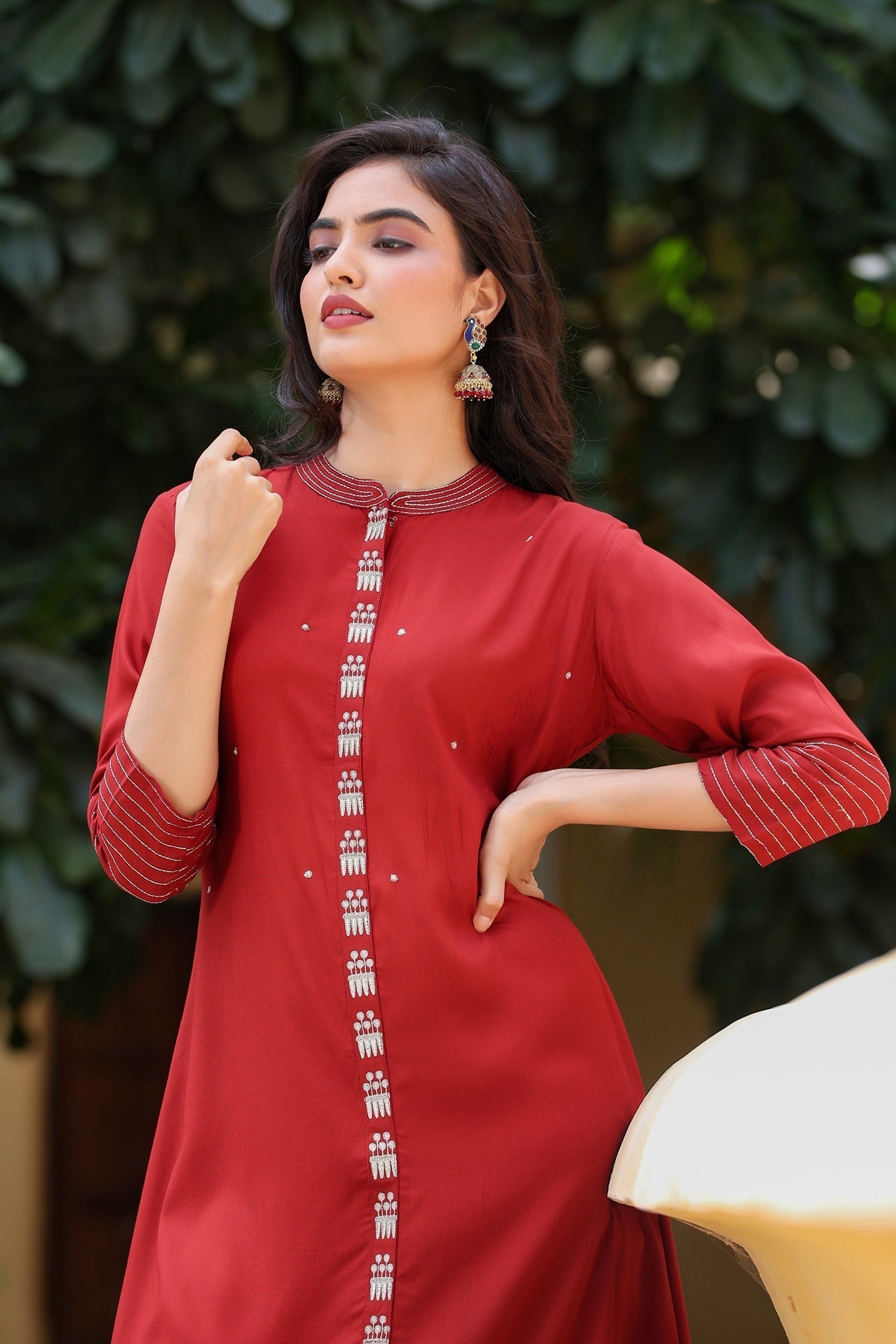 Maroon Embroidered Kurta-Yufta Store-7587KURMRM