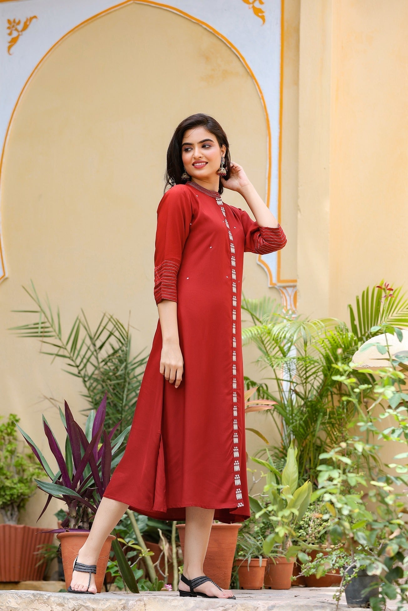 Maroon Embroidered Kurta-Yufta Store-7587KURMRM