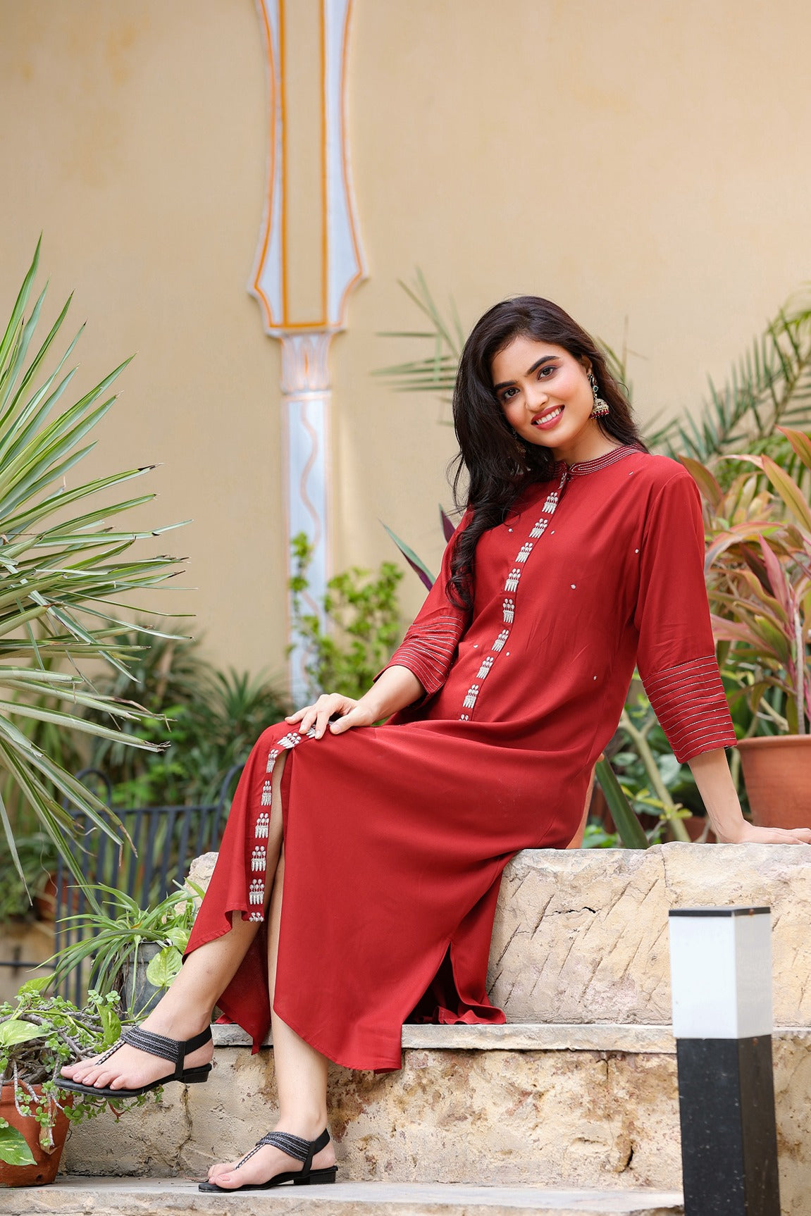 Maroon Embroidered Kurta-Yufta Store-7587KURMRM