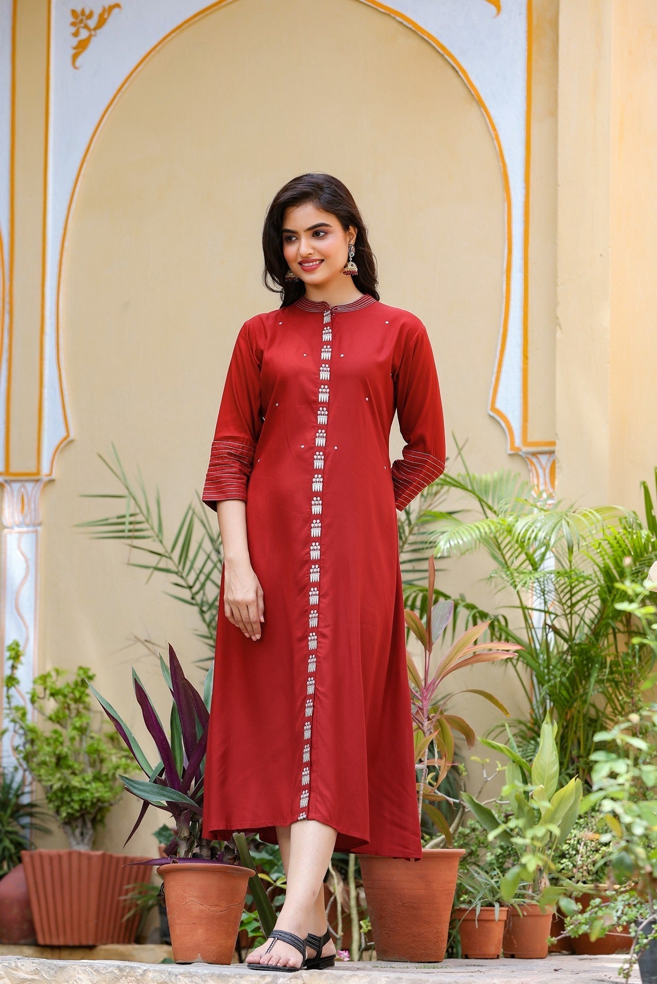 Maroon Embroidered Kurta-Yufta Store-7587KURMRM