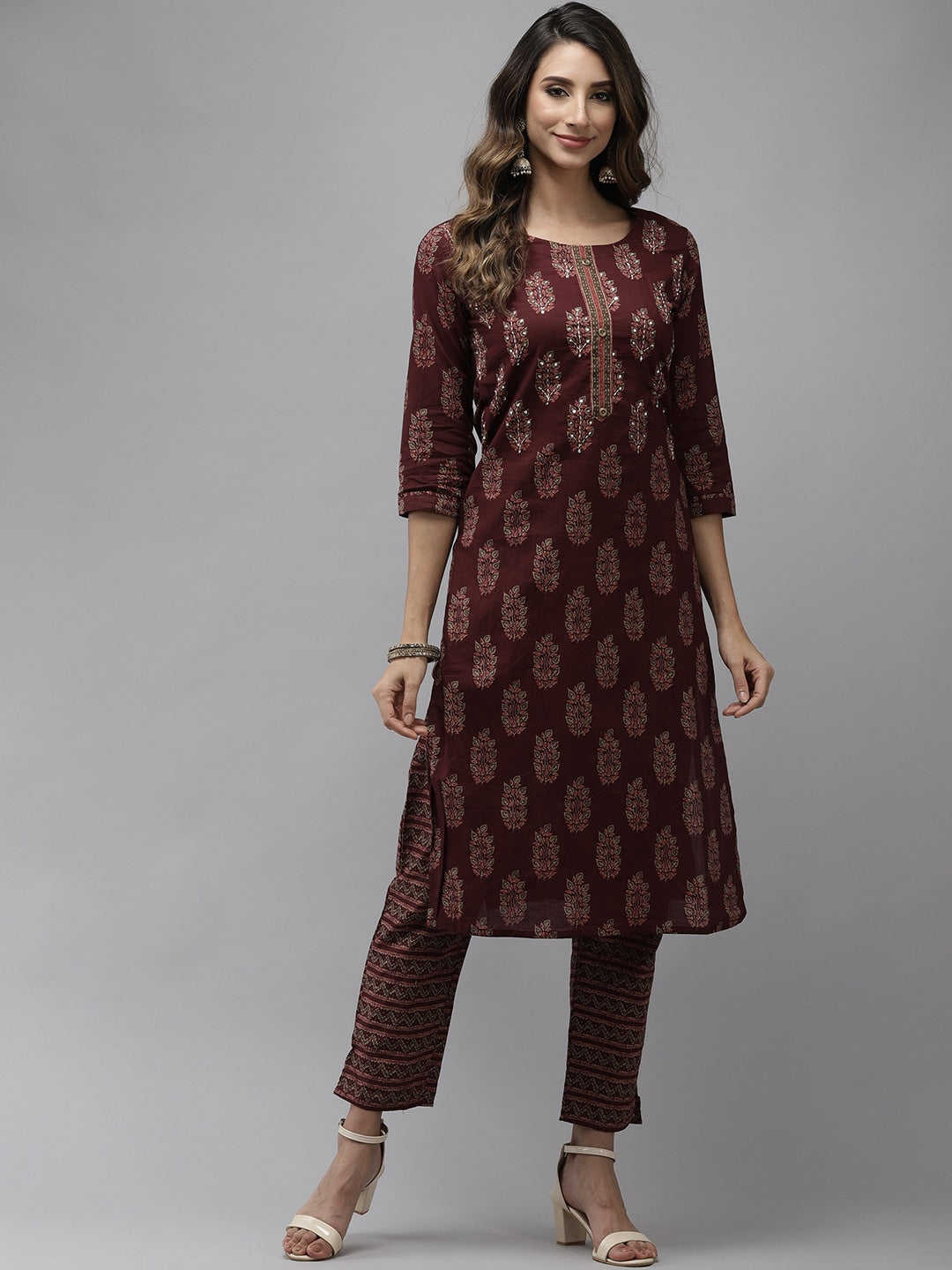 Maroon Ethnic Motifs Printed Kurta Set