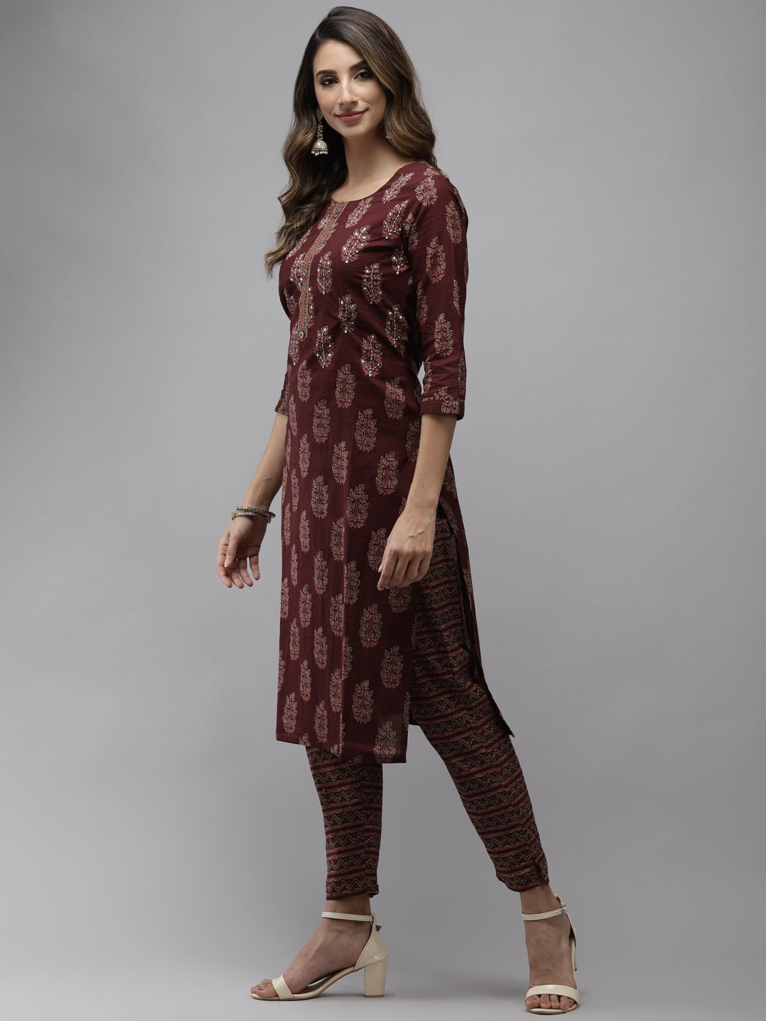 Maroon Ethnic Motifs Printed Kurta Set