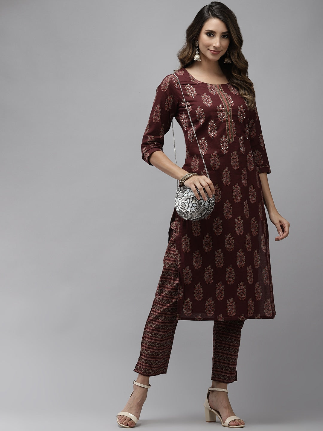 Maroon Ethnic Motifs Printed Kurta Set