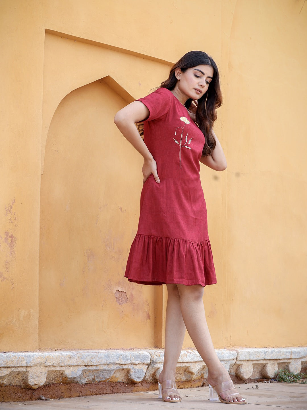 Maroon Floral Embroidered A-Line Midi Dress-Yufta Store-9851DRSMRS