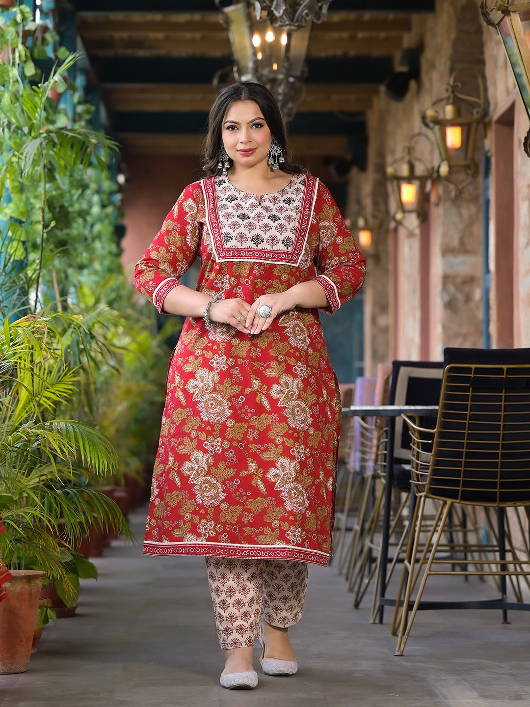 Maroon Floral Print Pure Cotton Plus size Kurta with Trouser & With Dupatta-Yufta Store-9301PSKDMR3XL