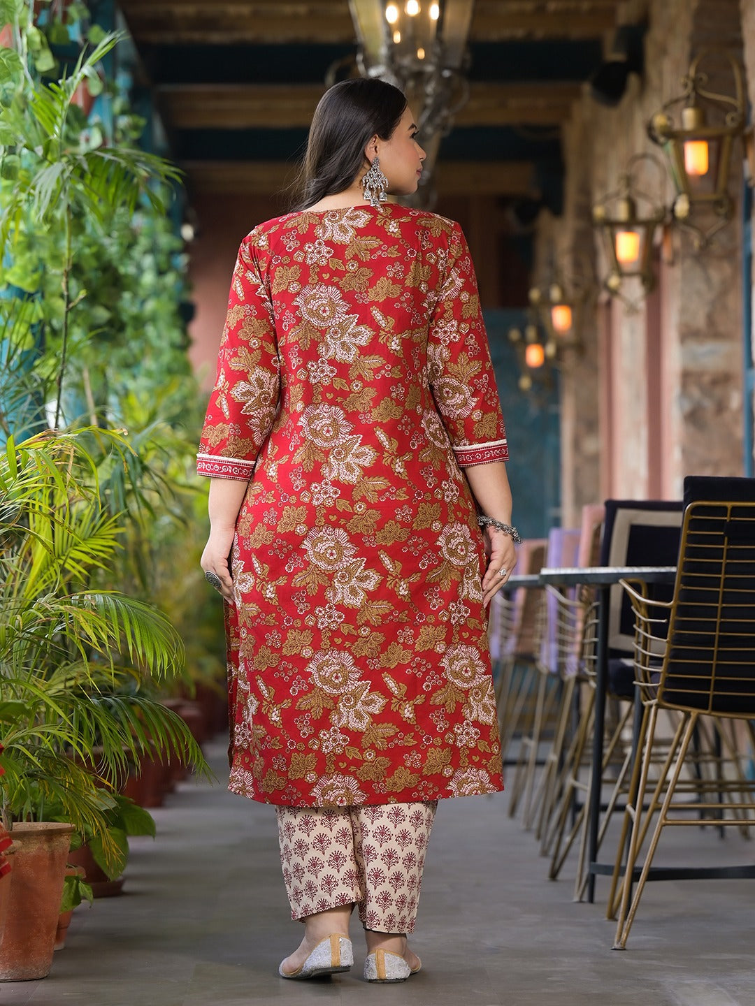 Maroon Floral Print Pure Cotton Plus size Kurta with Trouser & With Dupatta-Yufta Store-9301PSKDMR3XL