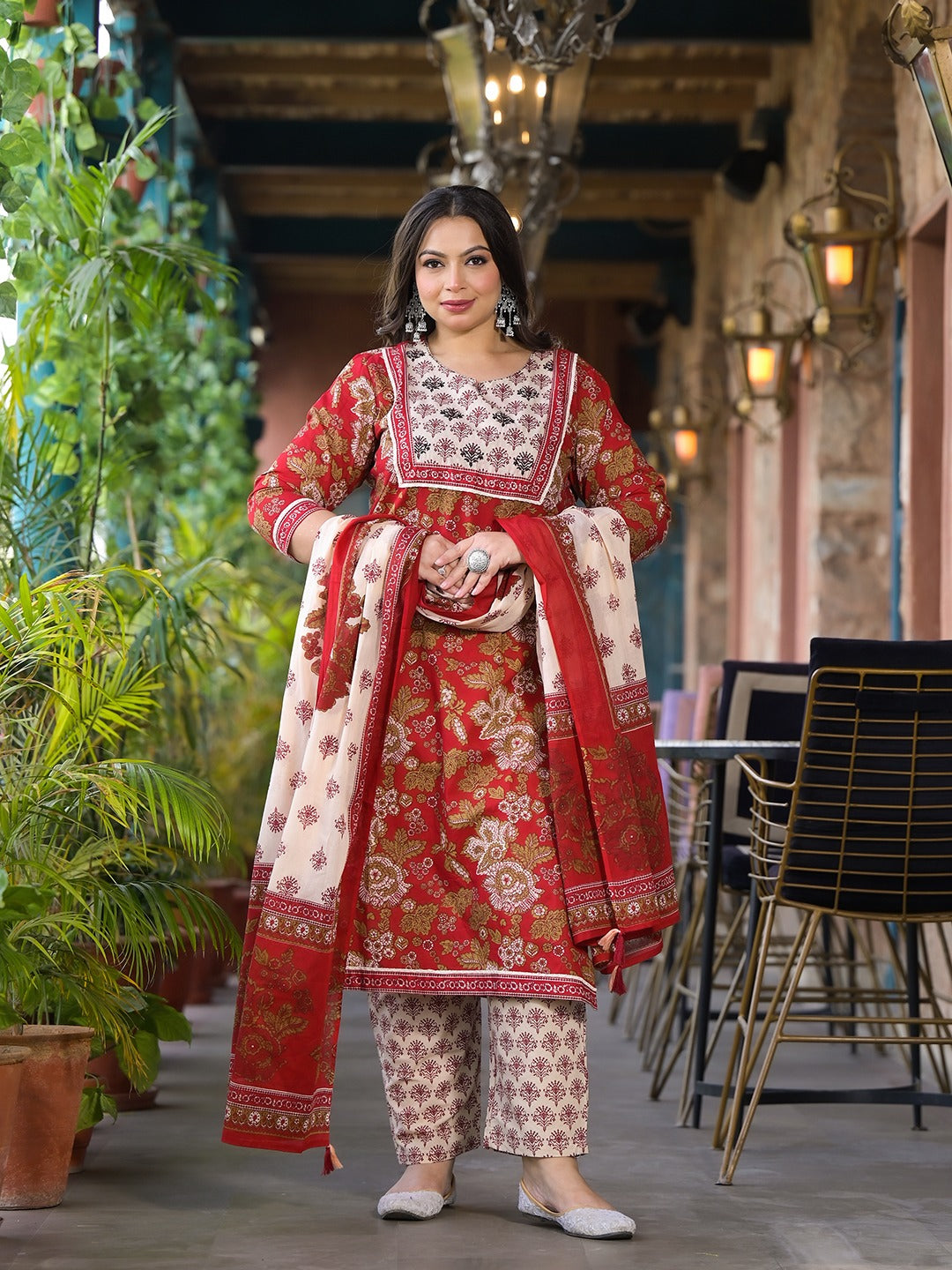 Maroon Floral Print Pure Cotton Plus size Kurta with Trouser & With Dupatta-Yufta Store-9301PSKDMR3XL