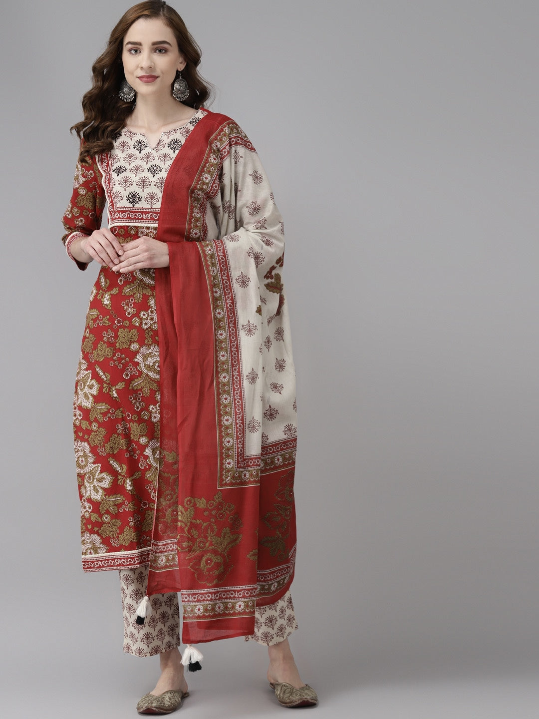 Maroon Floral Printed Dupatta Set-Yufta Store-9301SKDMRS