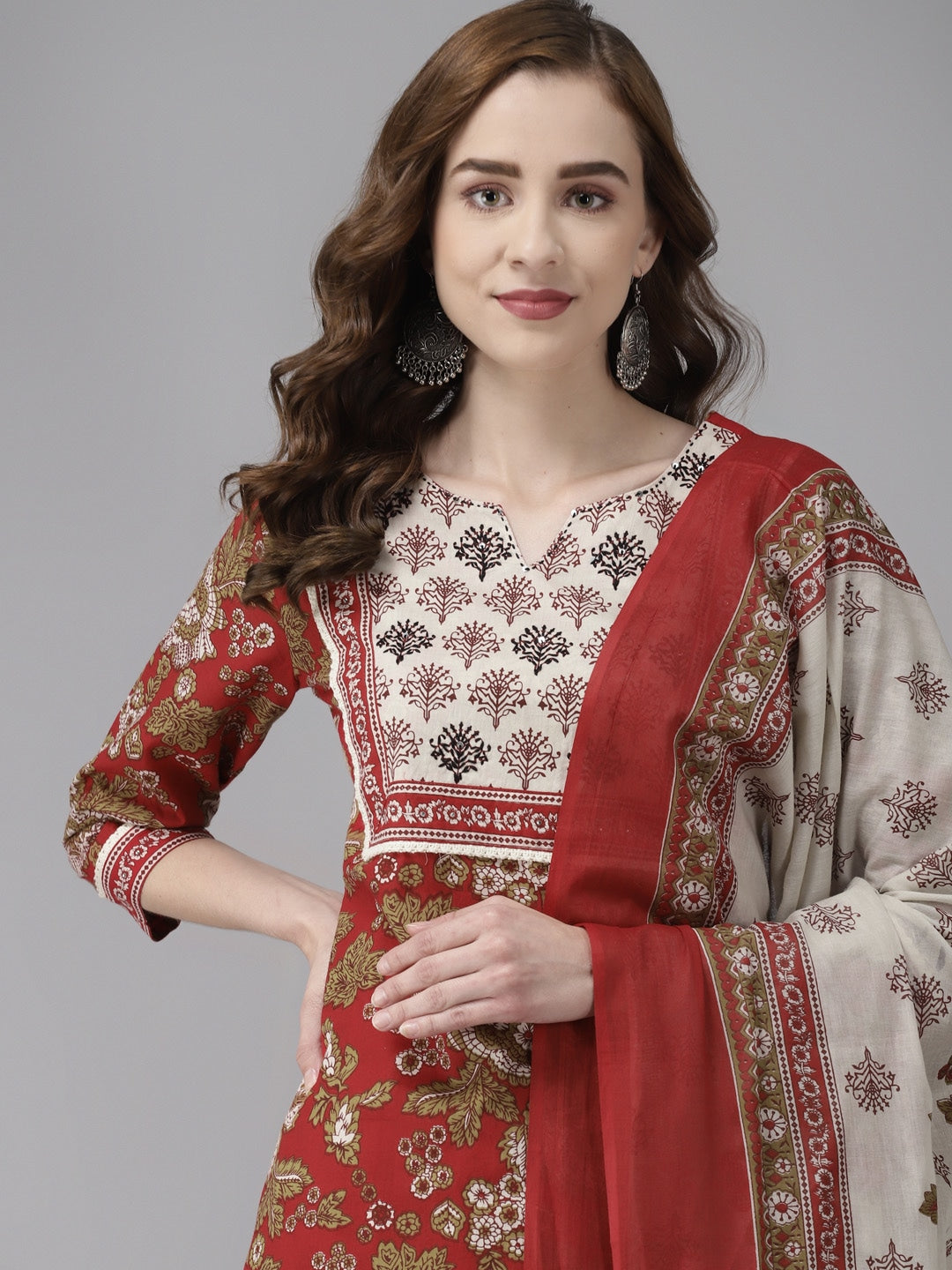 Maroon Floral Printed Dupatta Set-Yufta Store-9301SKDMRS