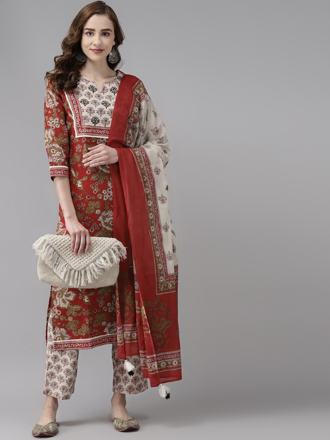 Maroon Floral Printed Dupatta Set-Yufta Store-9301SKDMRS